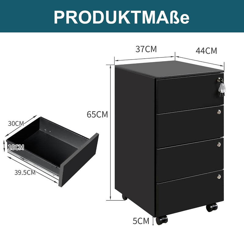 4-Drawer Mobile Filing Cabinet with Lock Steel Office