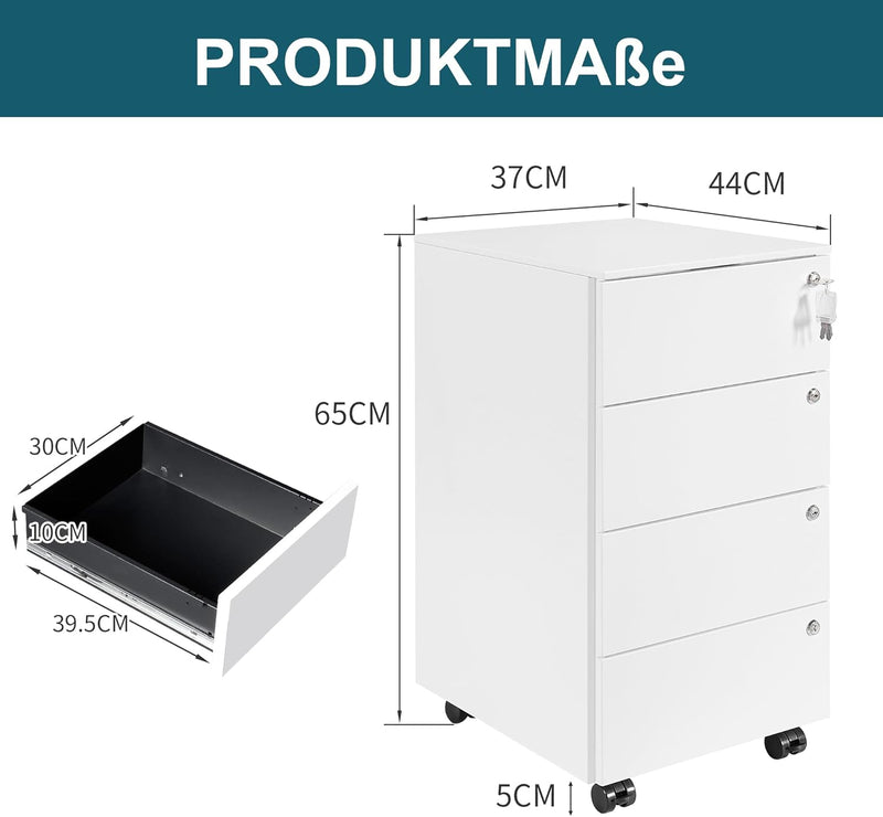 4-Drawer Mobile Filing Cabinet with Lock Steel Office