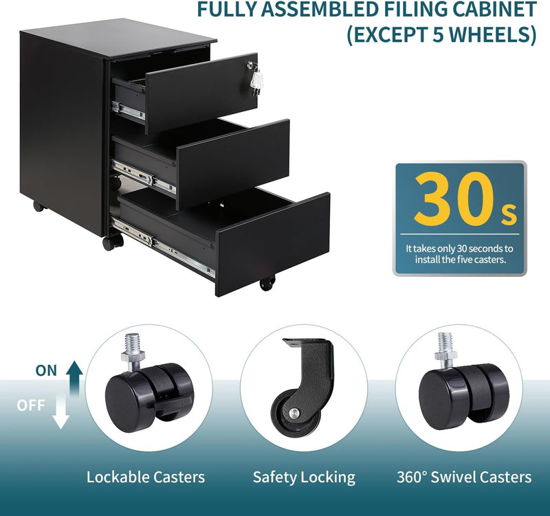 4-Drawer Mobile Filing Cabinet with Lock Steel Office