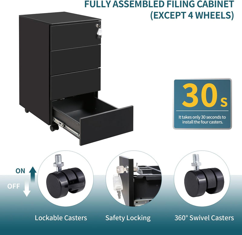4-Drawer Mobile Filing Cabinet with Lock Steel Office