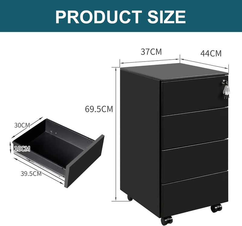 4-Drawer Mobile Filing Cabinet with Lock Steel Office