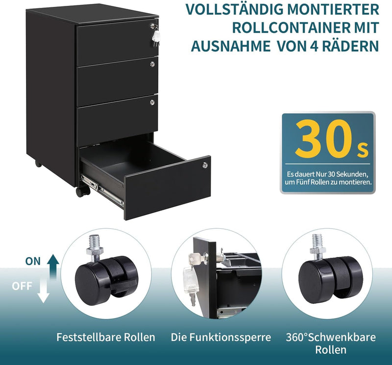 4-Drawer Mobile Filing Cabinet with Lock Steel Office