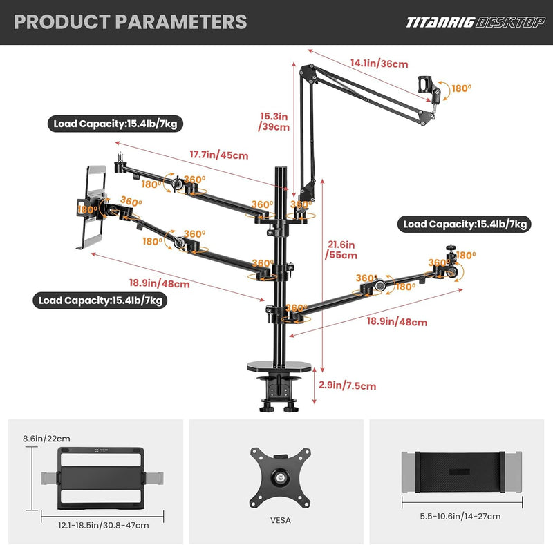 4-In-1 Overhead Camera Desk Mount Stand: Adjustable