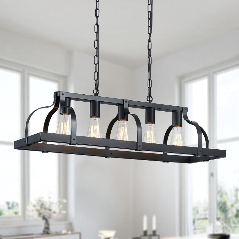 5-Light Metal Chandelier Imitation Wood Grain Linear Pendant