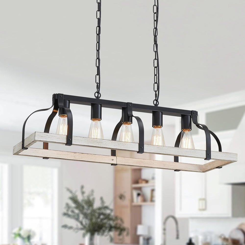5-Light Metal Chandelier Imitation Wood Grain Linear Pendant
