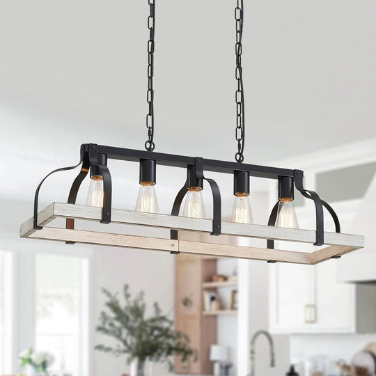 5-Light Metal Chandelier Imitation Wood Grain Linear Pendant