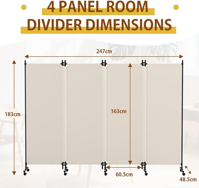 4 Panel Upgraded Room Divider with Wheels