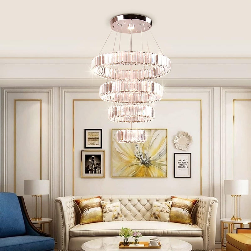 4-Ring Dimmable Crystal LED Chandelier Adjustable Pendant Light
