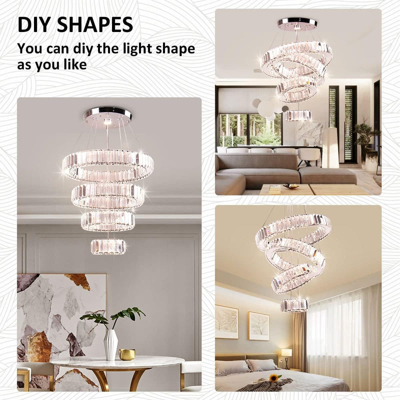 4-Ring Dimmable Crystal LED Chandelier Adjustable Pendant Light
