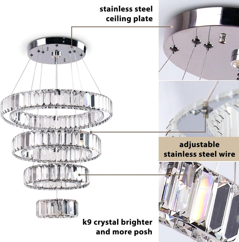 4-Ring Dimmable Crystal LED Chandelier Adjustable Pendant Light