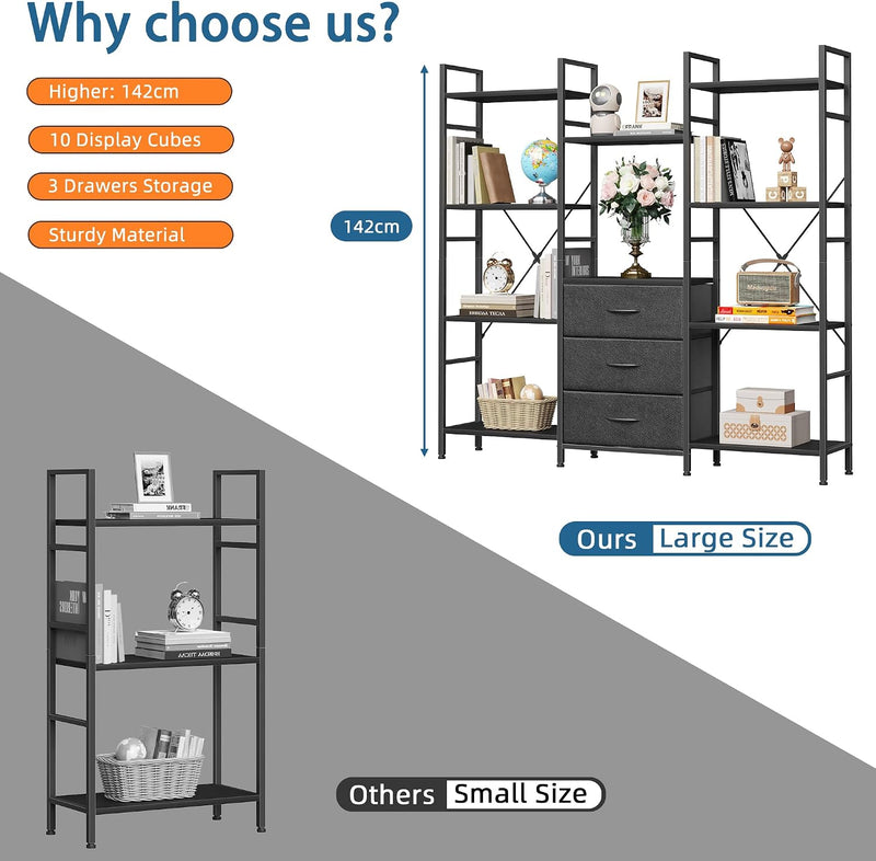 4-Tier Bookcase with Drawers Rustic Shelving