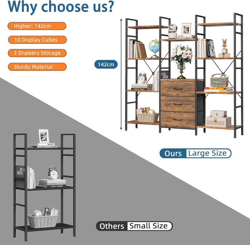 4-Tier Bookcase with Drawers Rustic Shelving