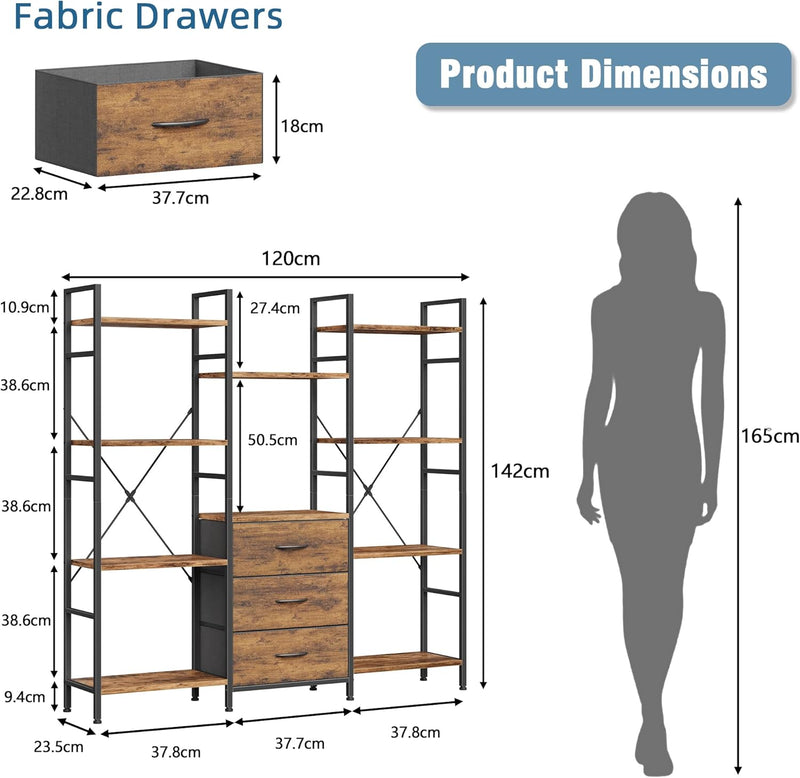 4-Tier Bookcase with Drawers Rustic Shelving