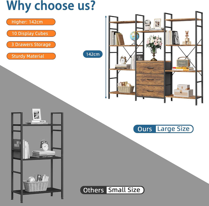 4-Tier Bookcase with Drawers Rustic Shelving
