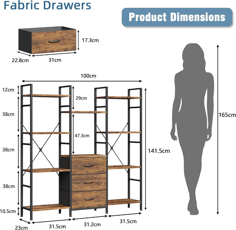 4-Tier Bookcase with Drawers Rustic Shelving