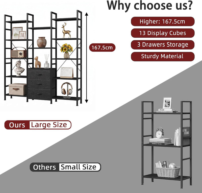 4-Tier Bookcase with Drawers Rustic Shelving