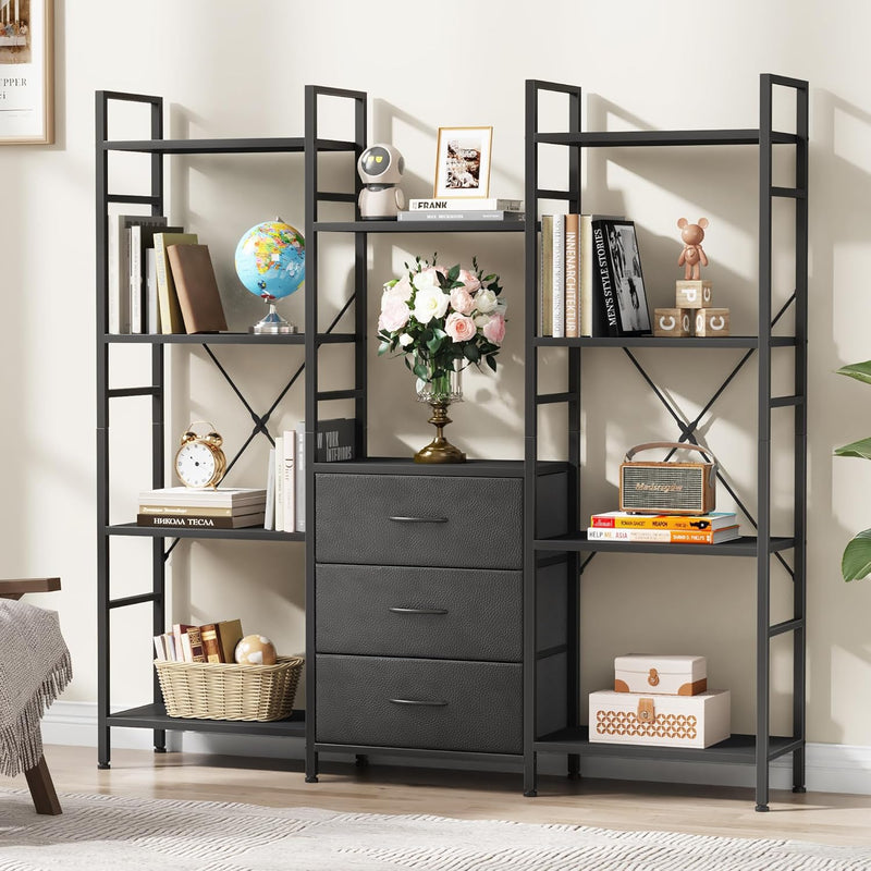 4-Tier Bookcase with Drawers Rustic Shelving