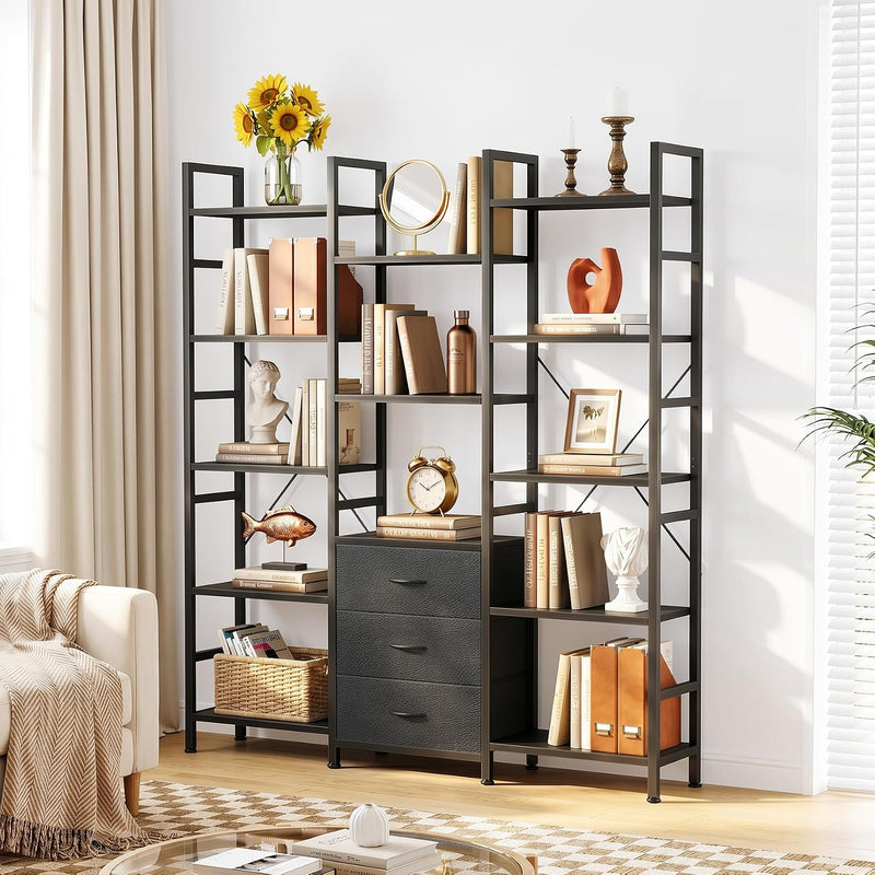 4-Tier Bookcase with Drawers Rustic Shelving