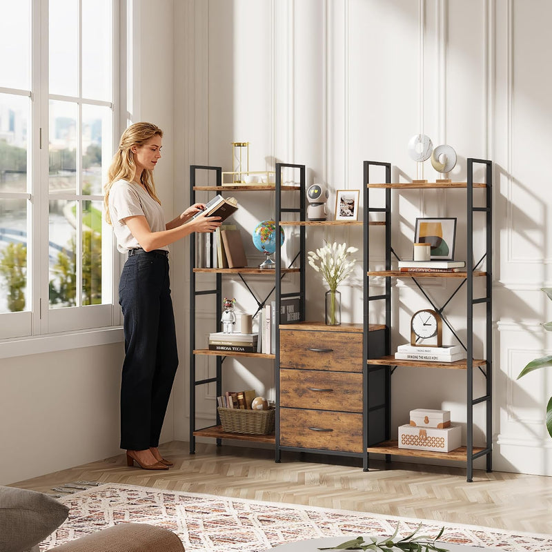 4-Tier Bookcase with Drawers Rustic Shelving