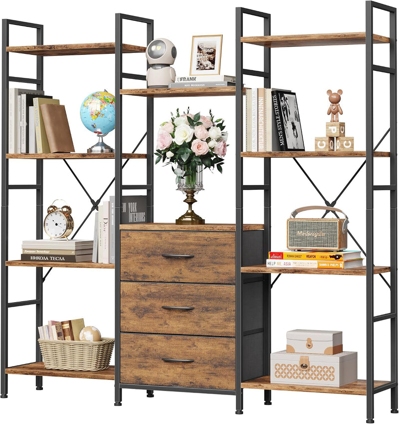 4-Tier Bookcase with Drawers Rustic Shelving