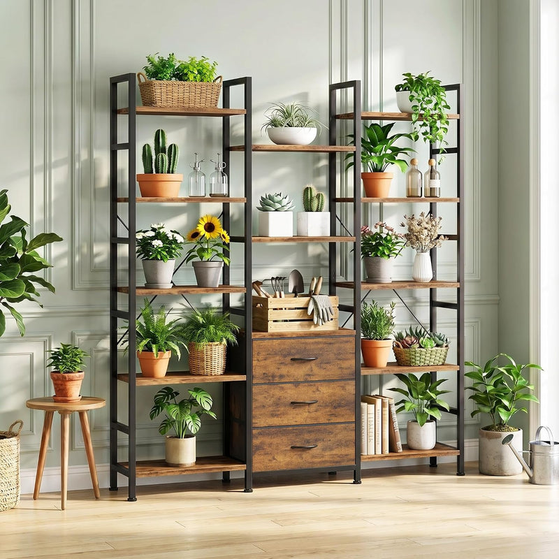 4-Tier Bookcase with Drawers Rustic Shelving