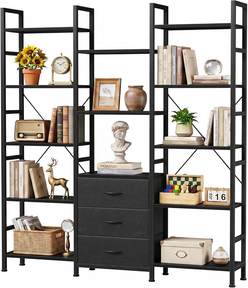 4-Tier Bookcase with Drawers Rustic Shelving