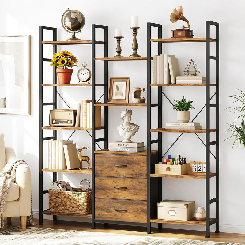 4-Tier Bookcase with Drawers Rustic Shelving