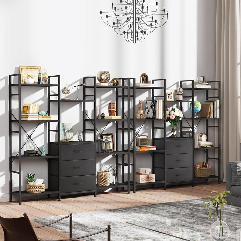 4-Tier Bookcase with Drawers Rustic Shelving
