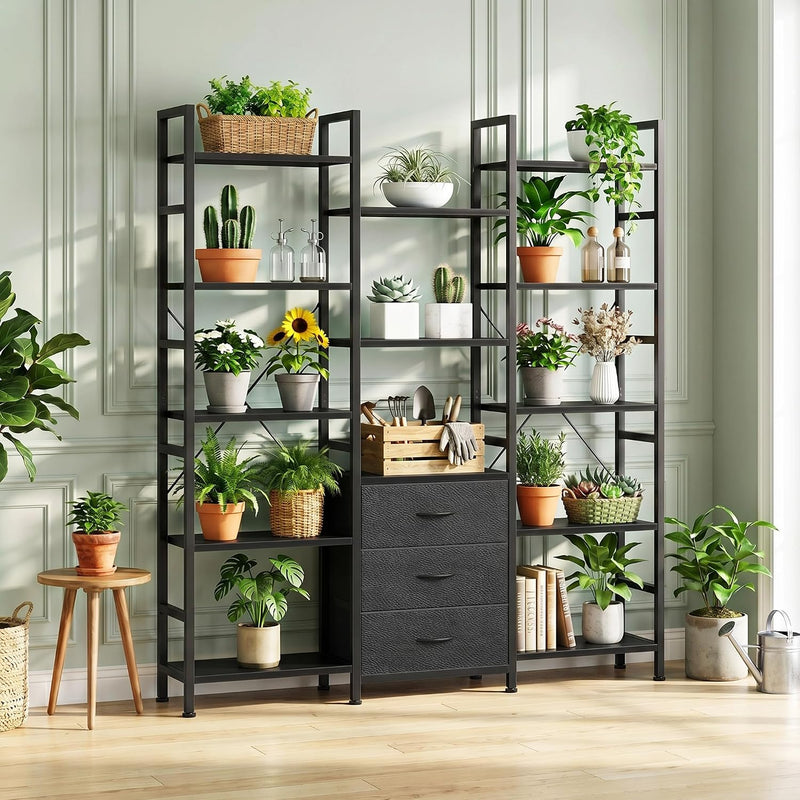 4-Tier Bookcase with Drawers Rustic Shelving