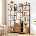 4-Tier Bookcase with Drawers Rustic Shelving