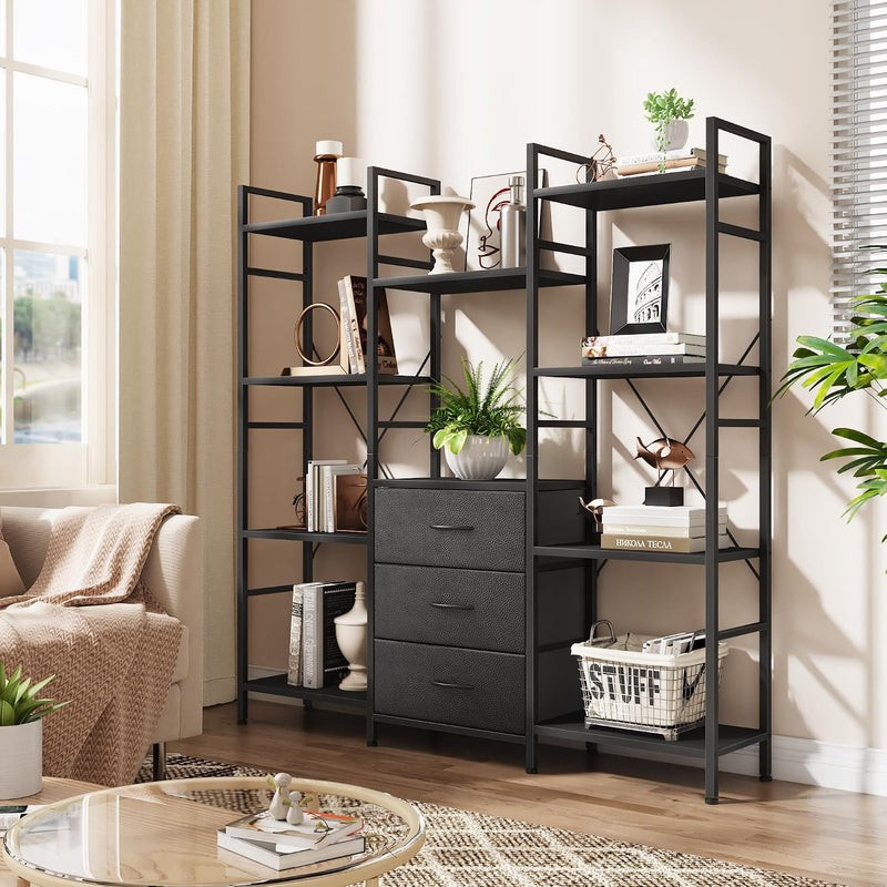 4-Tier Bookcase with Drawers Rustic Shelving