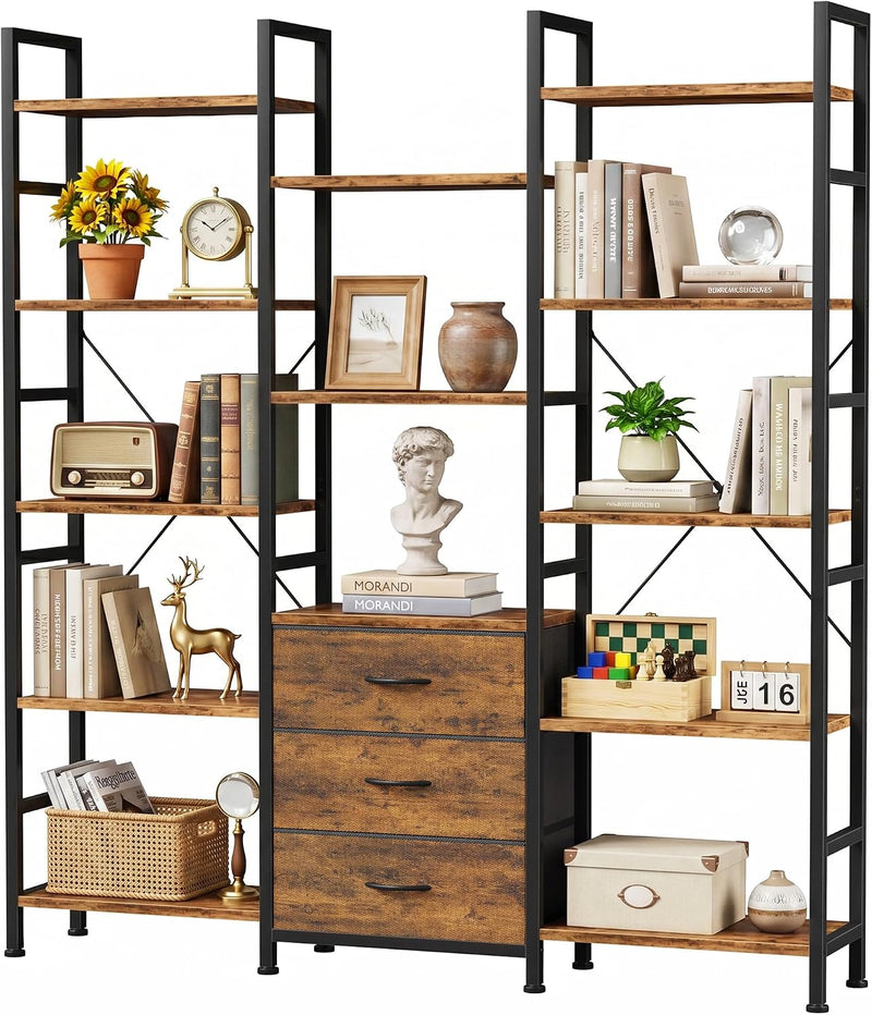 4-Tier Bookcase with Drawers Rustic Shelving