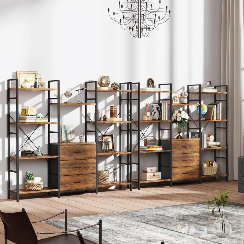 4-Tier Bookcase with Drawers Rustic Shelving