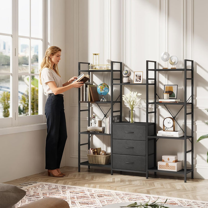 4-Tier Bookcase with Drawers Rustic Shelving