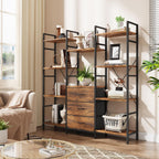 4-Tier Bookcase with Drawers Rustic Shelving