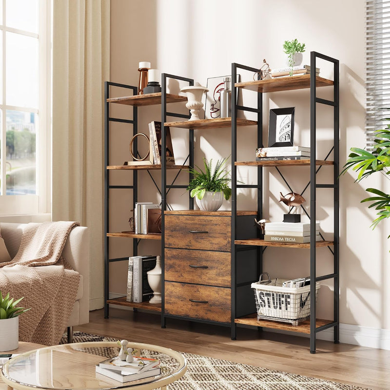 4-Tier Bookcase with Drawers Rustic Shelving