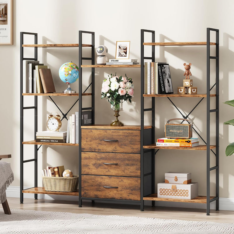 4-Tier Bookcase with Drawers Rustic Shelving