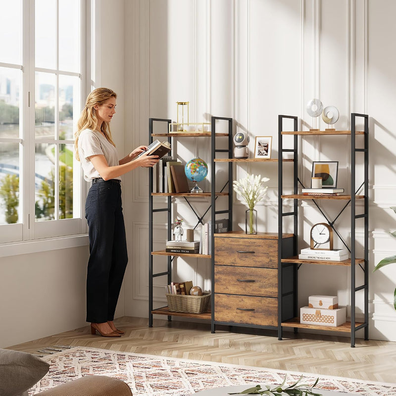 4-Tier Bookcase with Drawers Rustic Shelving