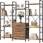 4-Tier Bookcase with Drawers Rustic Shelving