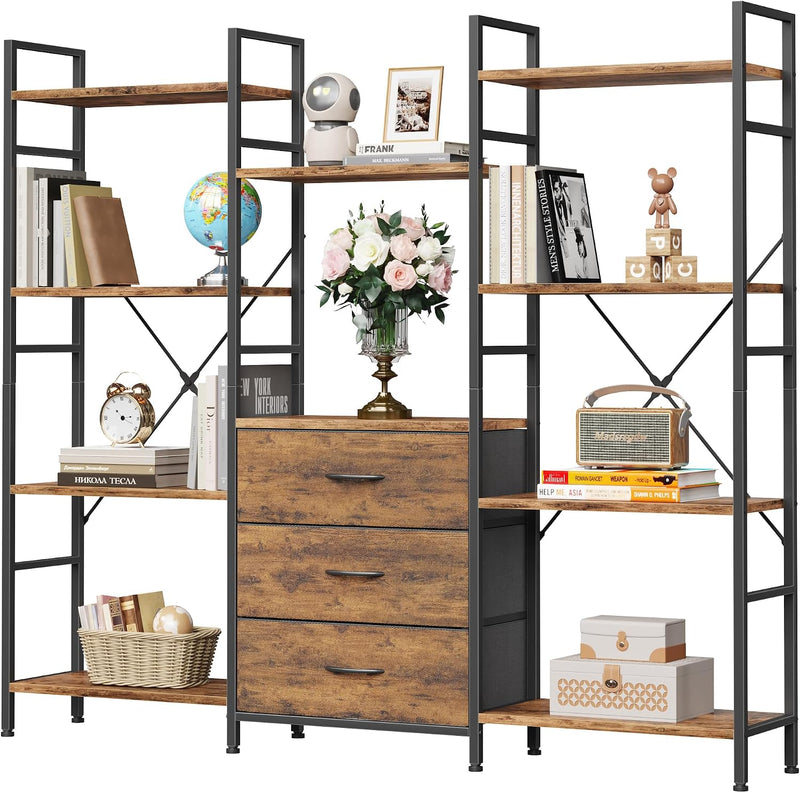 4-Tier Bookcase with Drawers Rustic Shelving