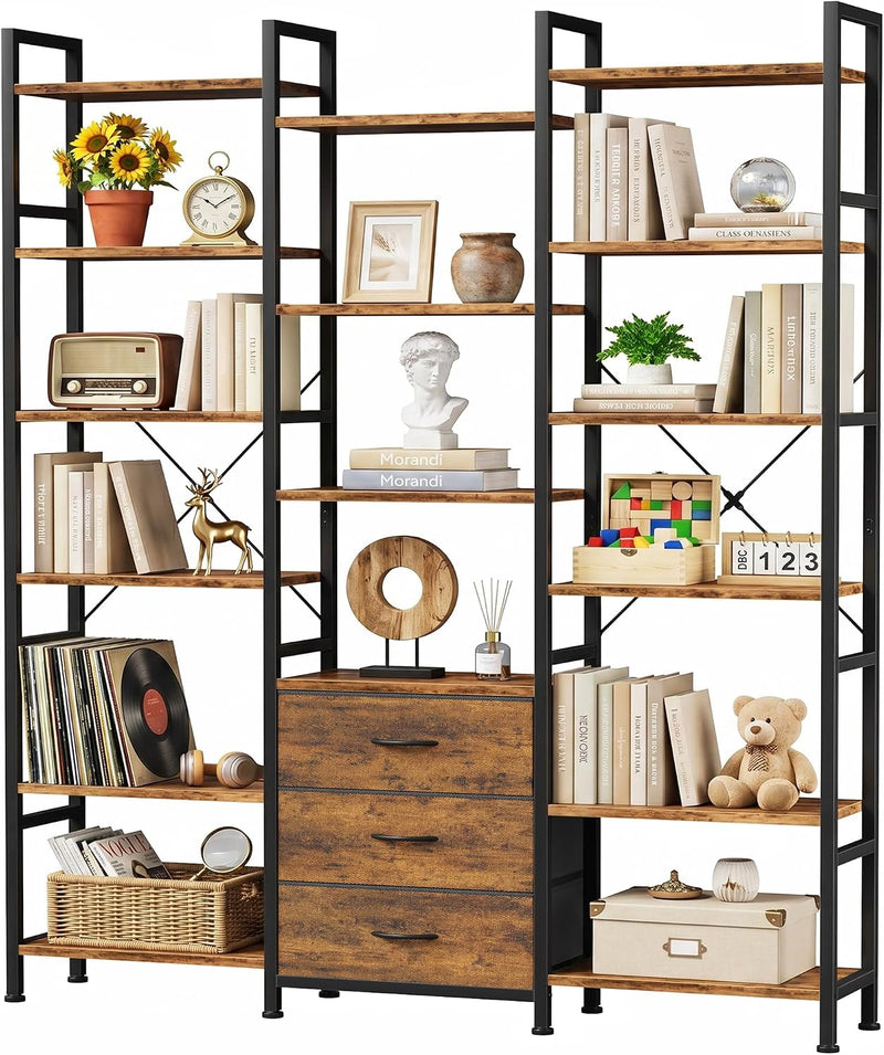 4-Tier Bookcase with Drawers Rustic Shelving