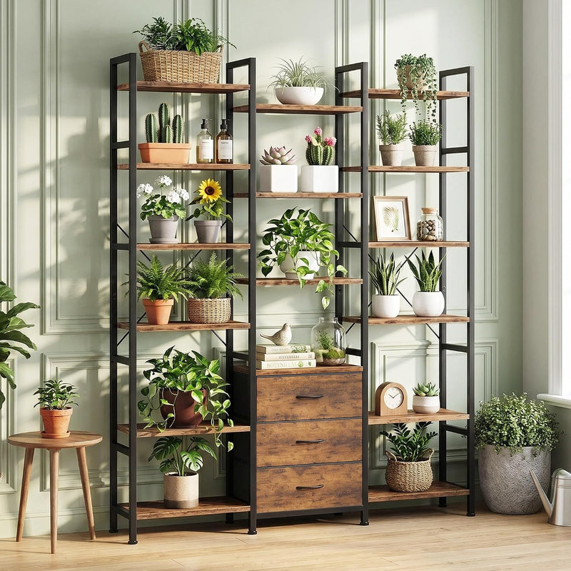 4-Tier Bookcase with Drawers Rustic Shelving