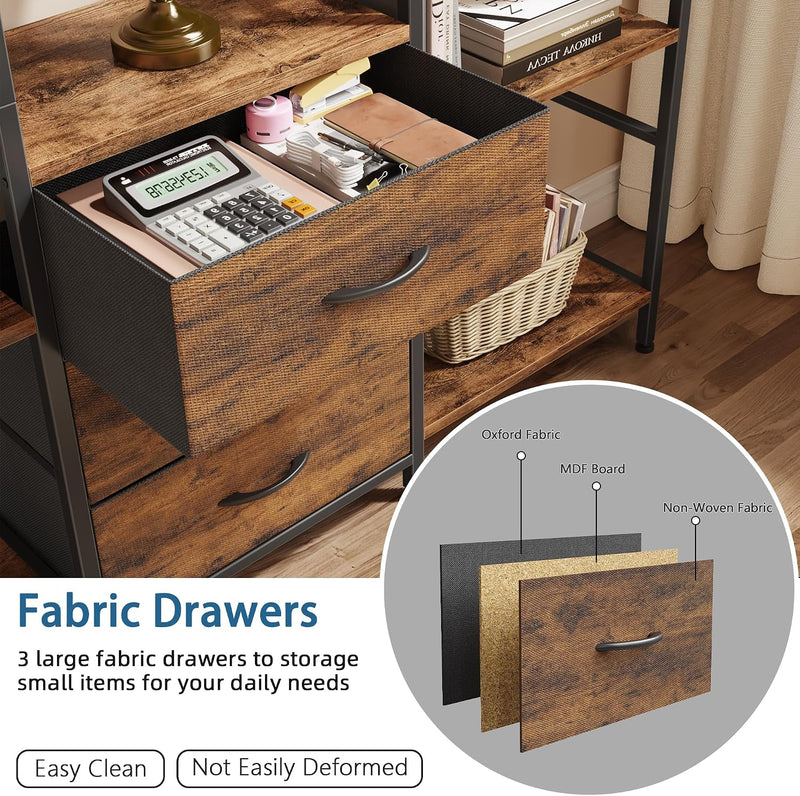 4-Tier Bookcase with Drawers Rustic Shelving