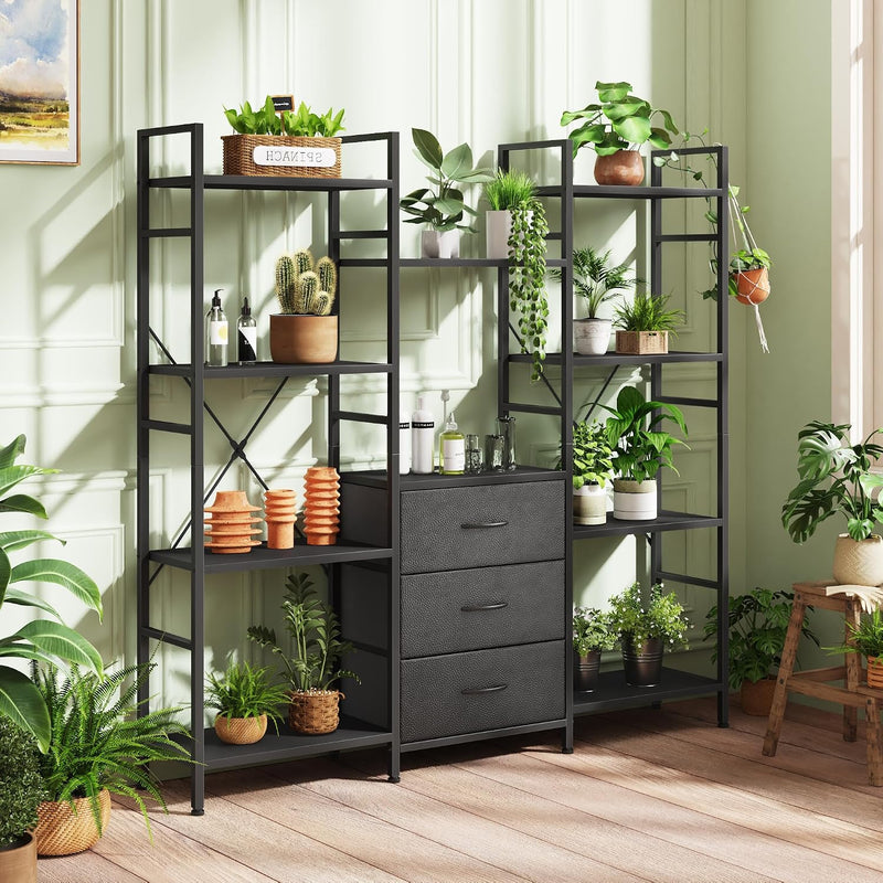 4-Tier Bookcase with Drawers Rustic Shelving