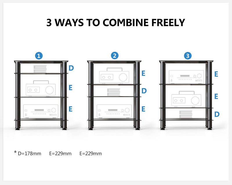 4-Tier Hifi Stand with Tempered Glass Shelves Height