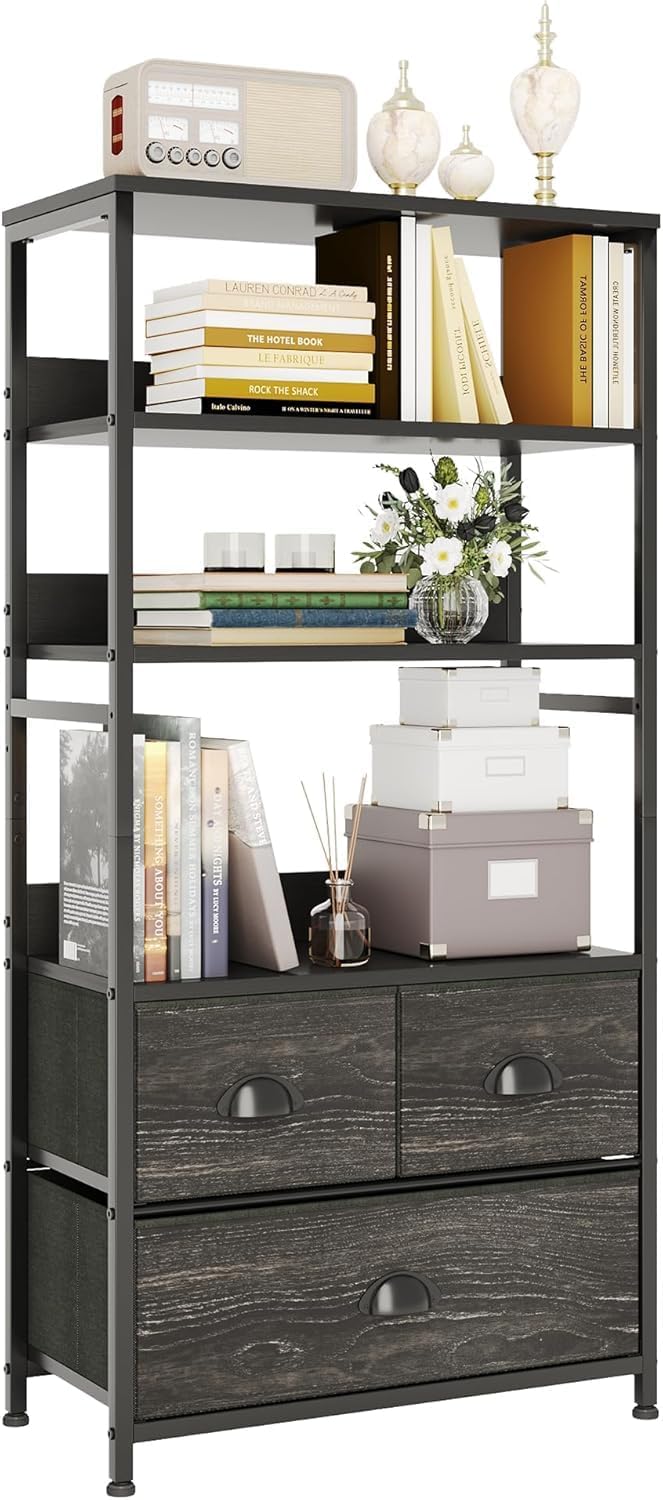 4-Tier Industrial Bookshelf with 3 Fabric Drawers Storage