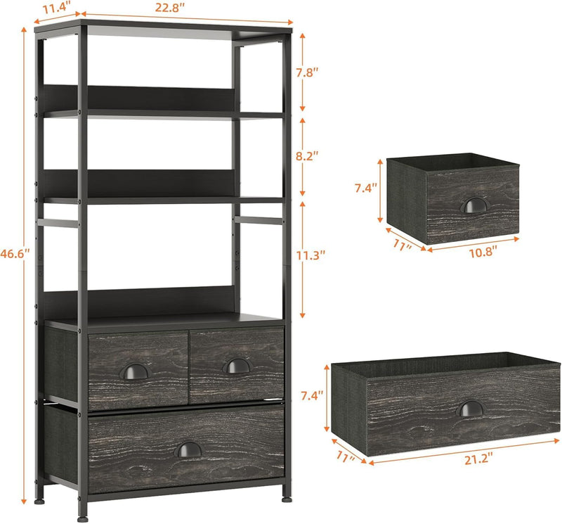 4-Tier Industrial Bookshelf with 3 Fabric Drawers Storage