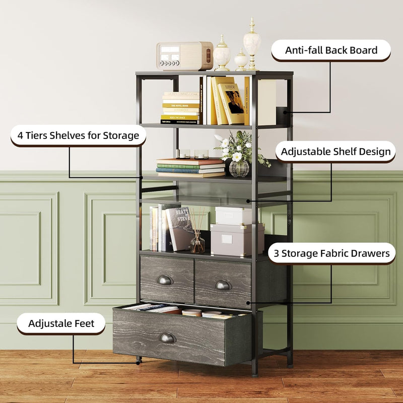4-Tier Industrial Bookshelf with 3 Fabric Drawers Storage