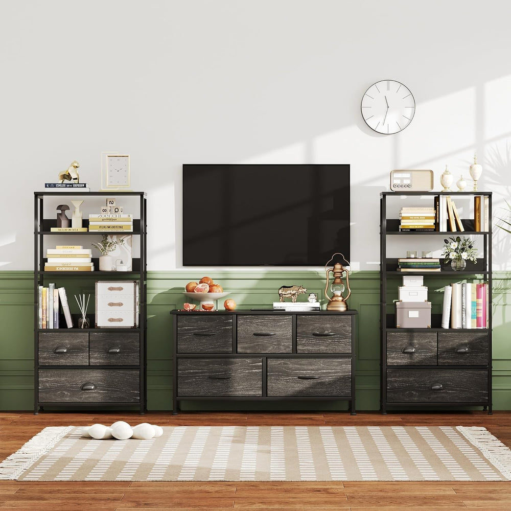 4-Tier Industrial Bookshelf with 3 Fabric Drawers Storage
