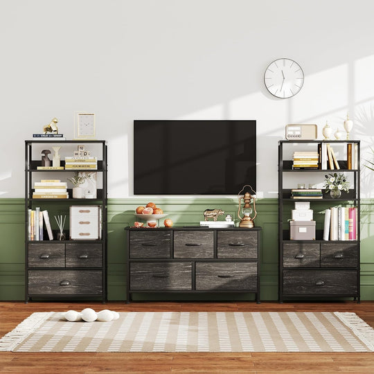 4-Tier Industrial Bookshelf with 3 Fabric Drawers Storage